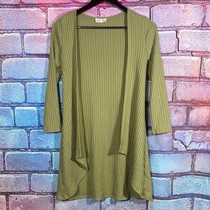 Beautees Women’s Small Olive Green Ribbed Knit Open Front Cardigan 3/4 Sleeve